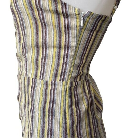 Mind Code Pin Striped Mini Linen Y2K Yellow Blue Brown Button Dress Size S - Picture 12 of 12